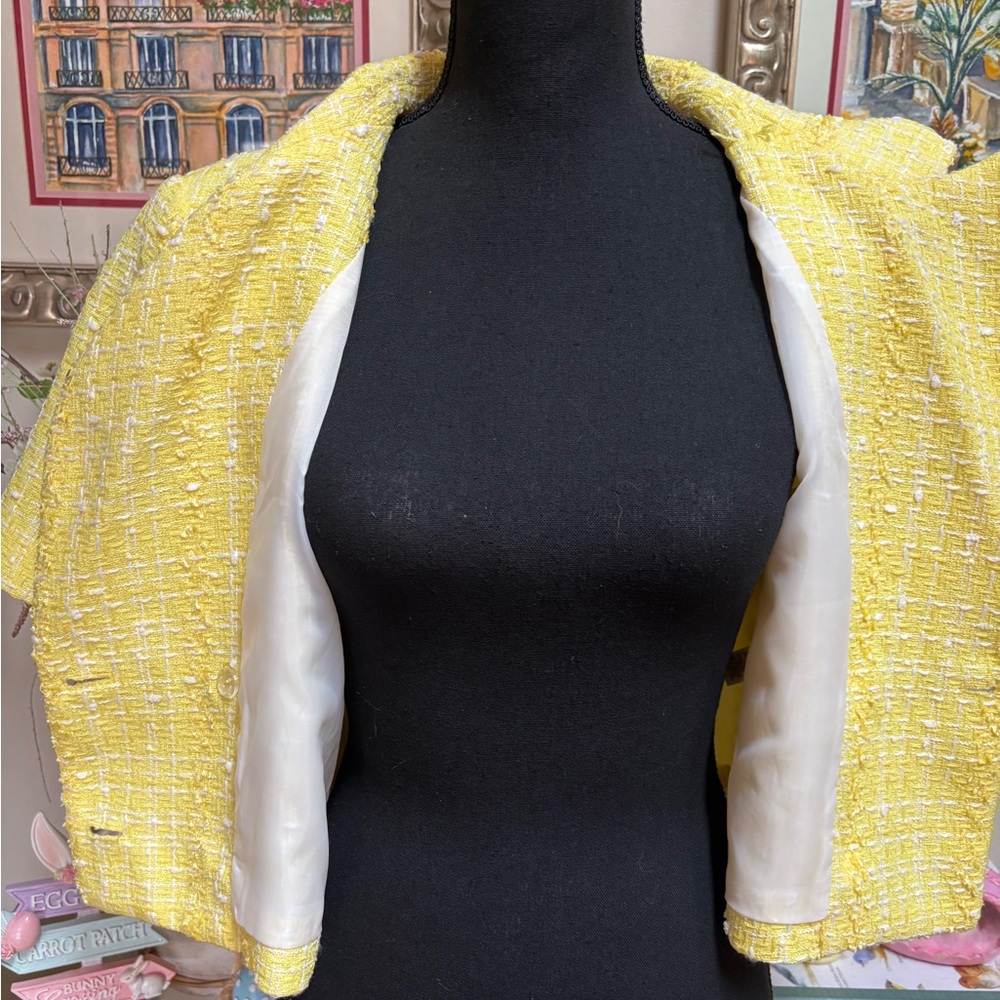 Versona Yellow Textured Tweed Cropped Double-Breasted Blazer Jacket Size M - Picture 5 of 11